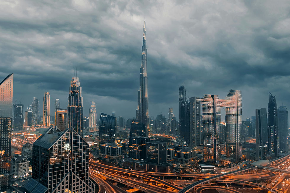 Downtown Dubai skyline — Burj Khalifa and residential towers at dusk