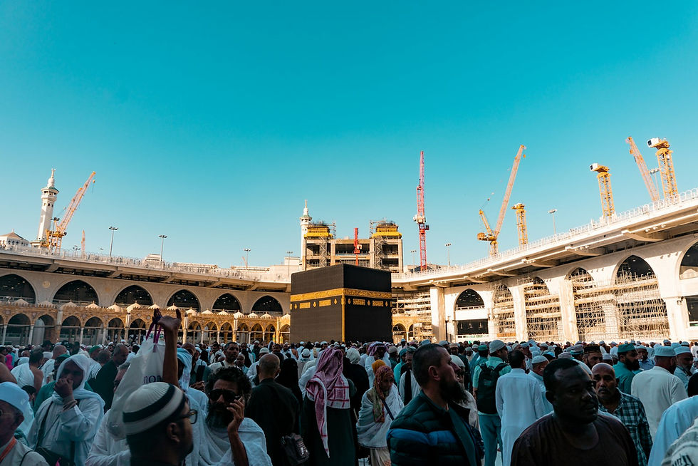 Pilgrims gathered around the Kaaba in the Grand Mosque, Mecca
