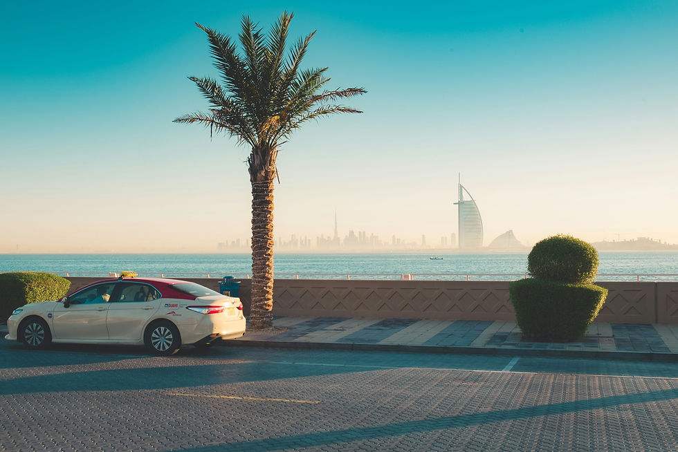 Looking out over the Dubai Skyline and Burj Al Arab with a Dubai Taxi and Palm tree in the foreground.