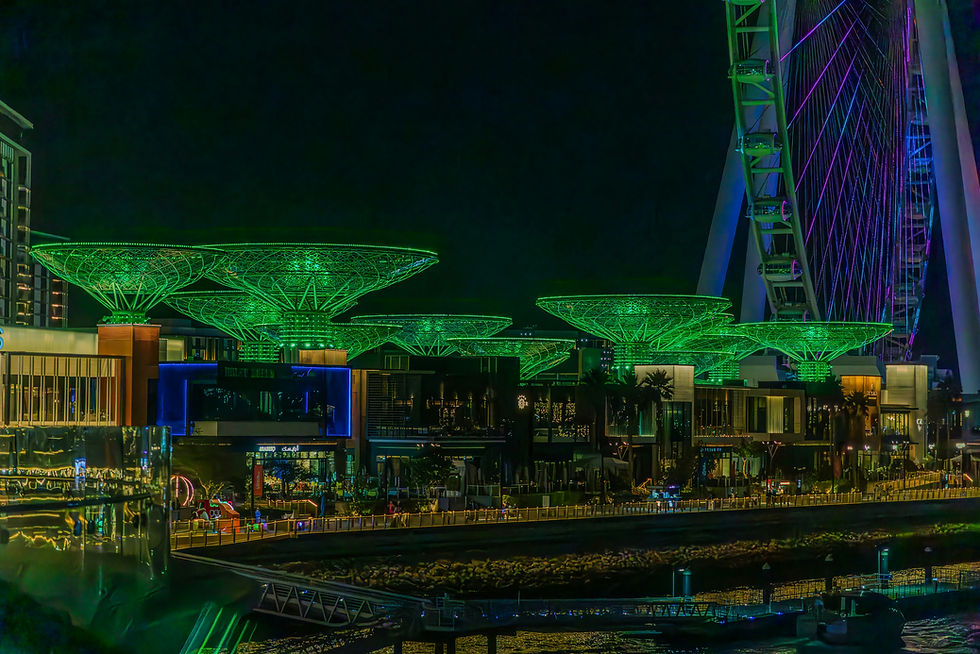 Illuminated futuristic Supertree structures and observation wheel at Dubai Bluewaters Island night cityscape.