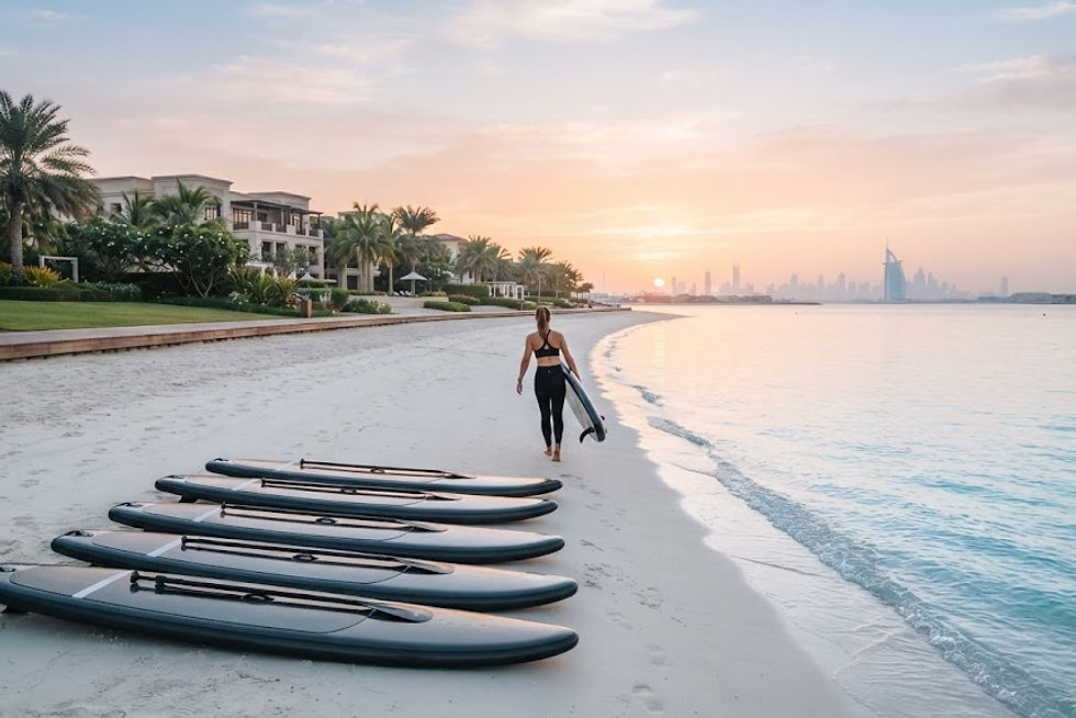 Along the quiet shoreline of the Palm Jumeirah crescent in Dubai. In th