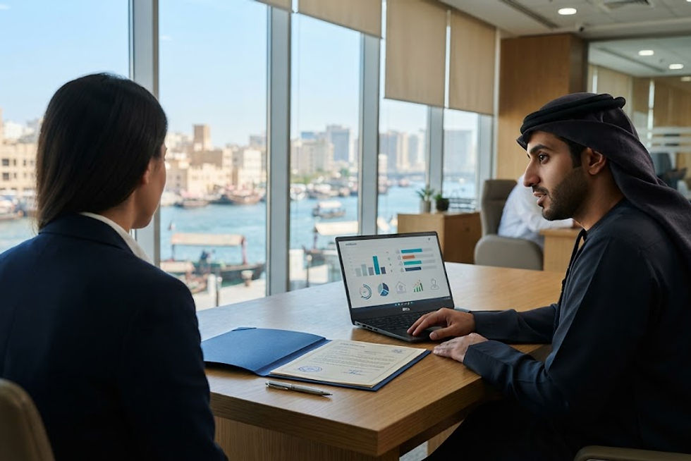 Inside a sunlit mediation office at the Dubai Land Department in Deira. A resident dresse