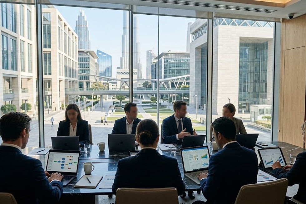 Inside an executive corporate boardroom in DIFC Gate Village in Dubai on a clear morning. In th