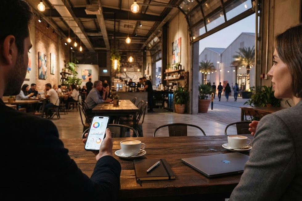 Inside a trendy warehouse cafe at Alserkal Avenue in the Al Quoz arts district of Dubai during a warm autumn evening. Tw