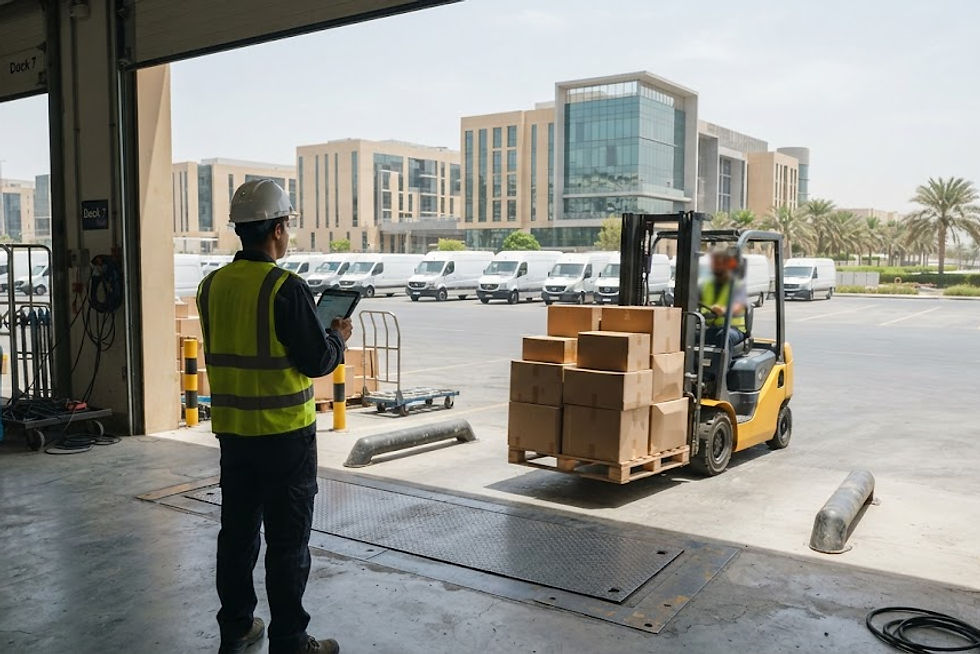 A sunlit midday scene on the loading dock of a modern e-commerce fulfillment warehouse at Dubai CommerCity in Umm Ramool