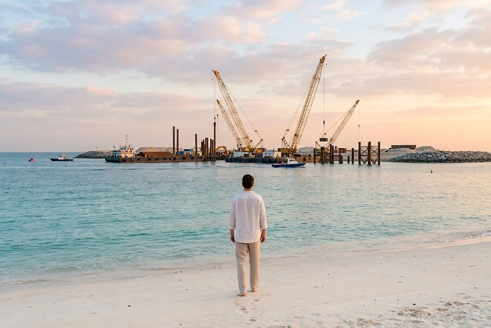 From the soft white sand shoreline of Jumeirah beach at dawn, looking across calm, turqu