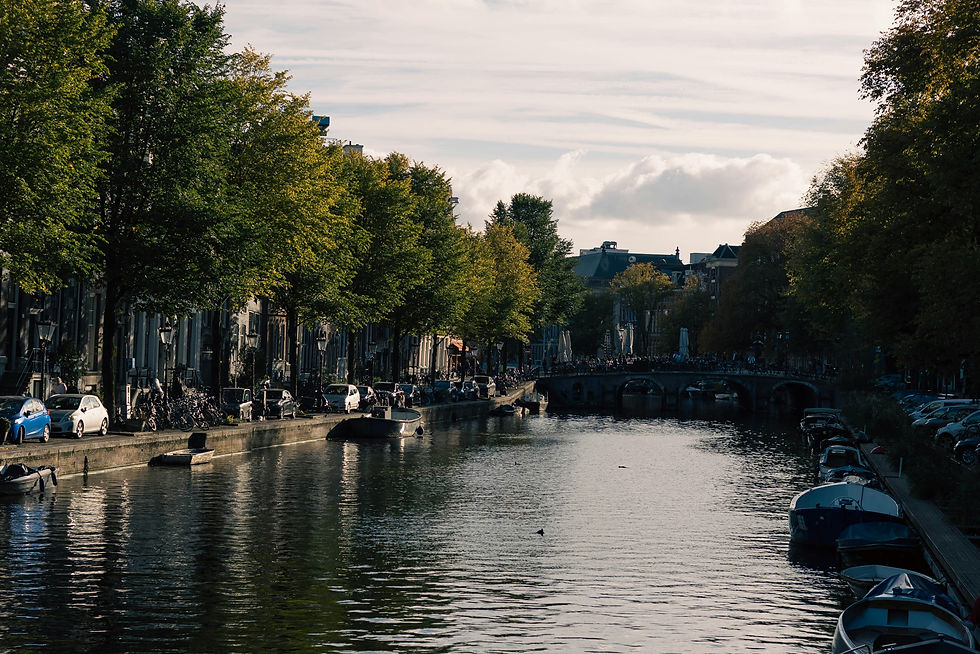 Canal lined with trees and boats under a cloudy sky
