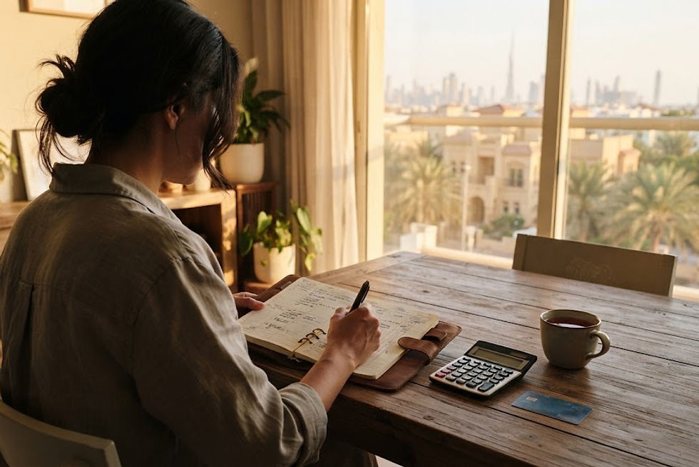 Personal financial planning inside an apartment in Dubai. A resident in casual cloth