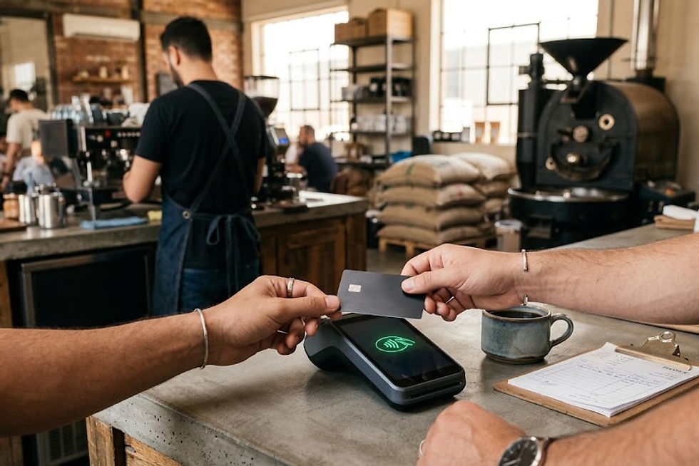 A contactless payment transaction at the cashier counter inside an artisanal specialty coffee r