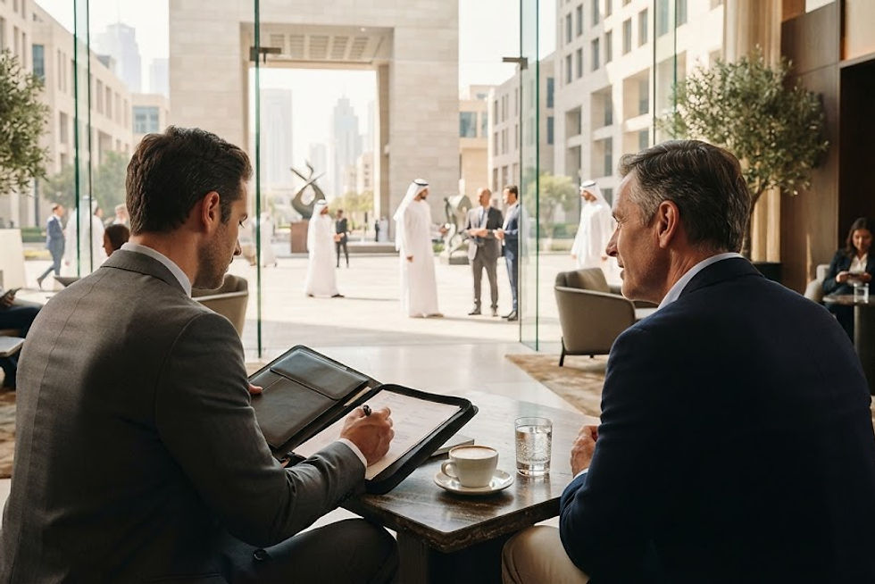 Inside a sophisticated, airy executive coffee lounge in DIFC Gate Village, Dubai. In the foreground, an executive recrui