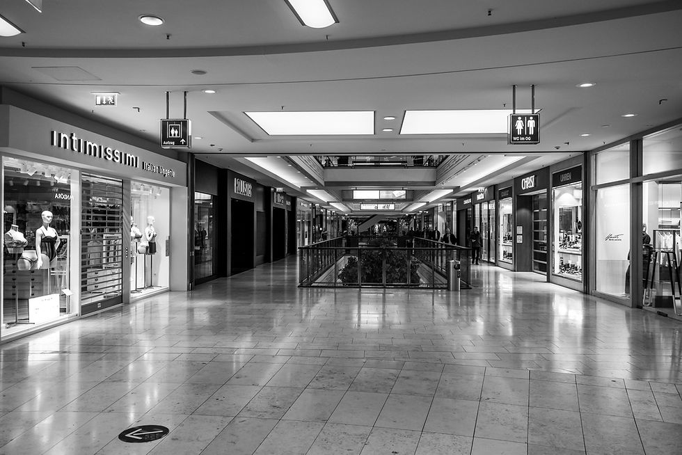Empty shopping mall corridor with storefronts on sides.