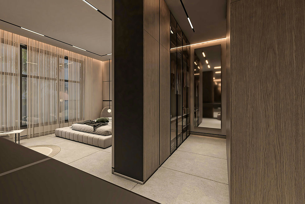 Modern bedroom with a sleek wardrobe design.