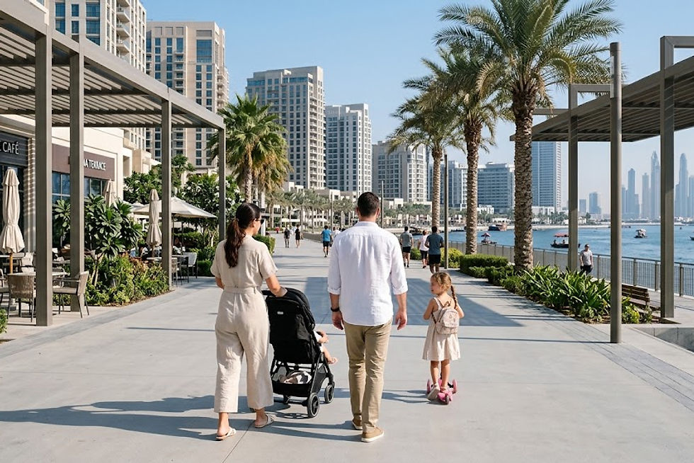 Along the wide car-free waterfront promenade of Dubai Creek Harbour on a clear autumn morning