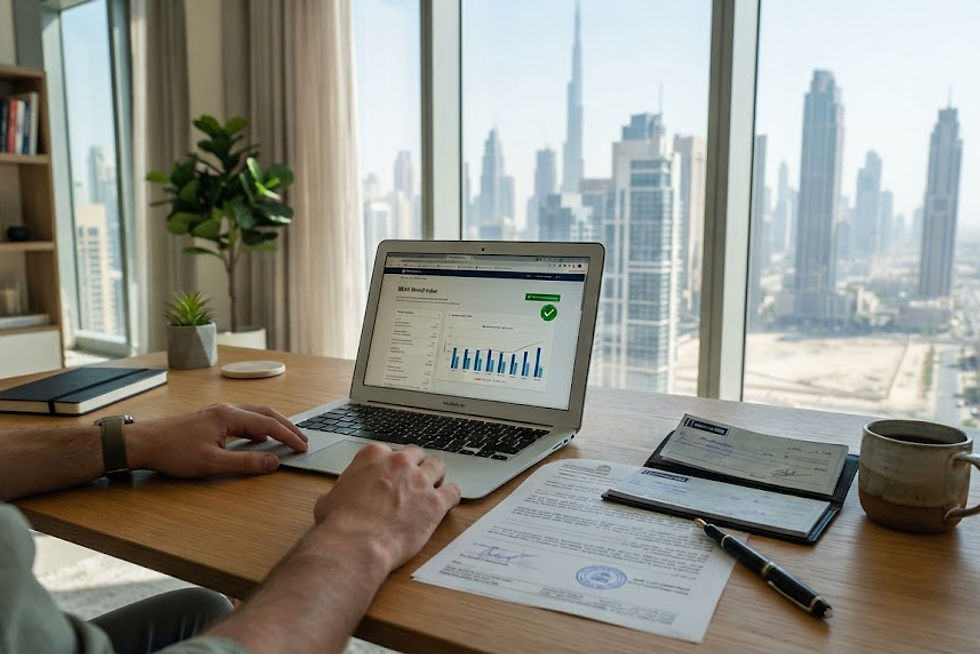 At a home study desk inside a contemporary high-rise apartment in Dubai during m