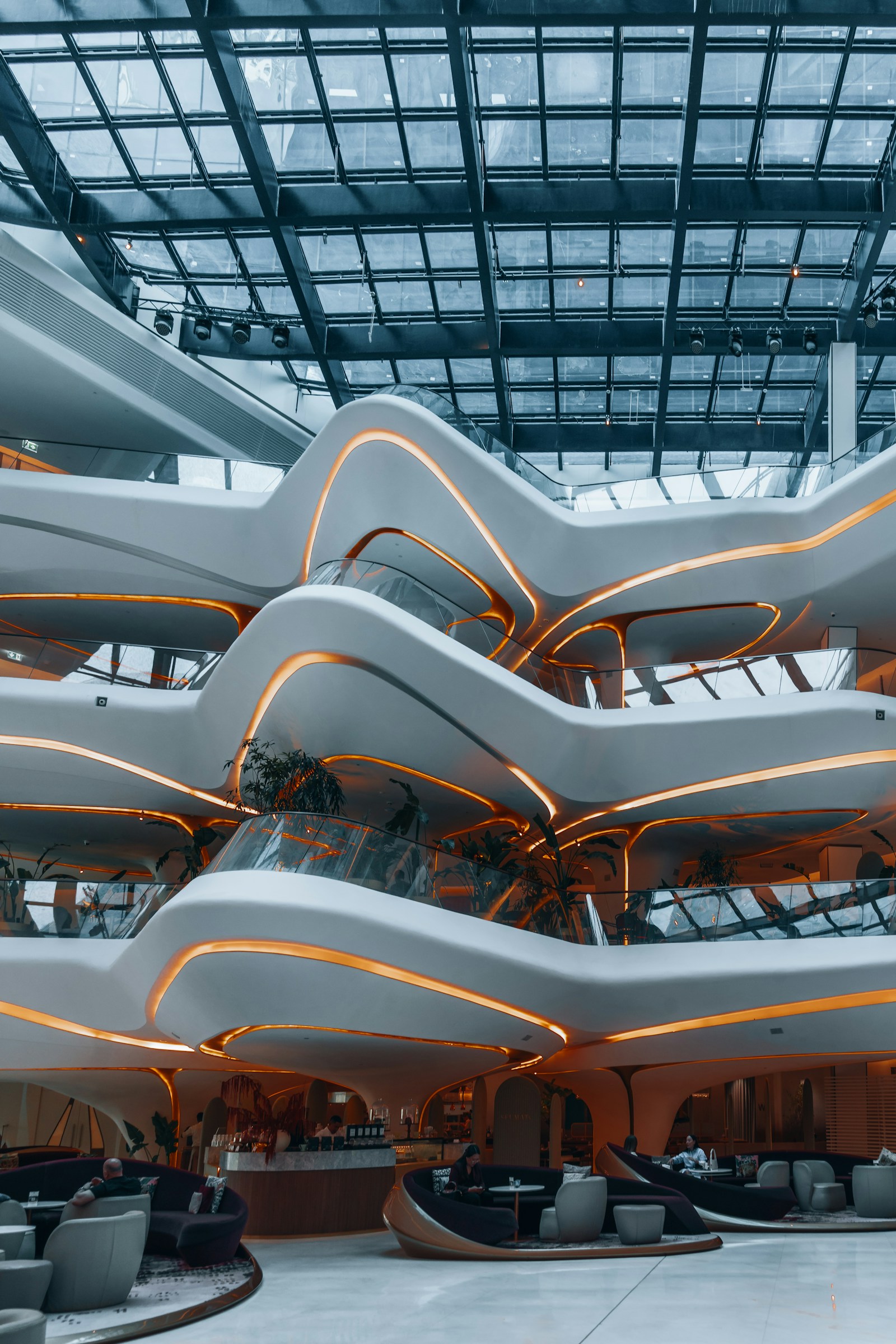 Representative contemporary hotel atrium interior in Dubai inspired by Zaha Hadid architecture