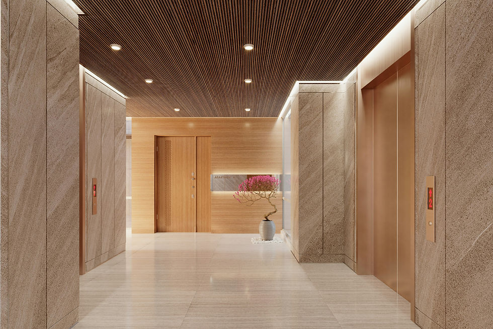 Elegant Modern Elevator Lobby with Marble Walls, Wooden Accents, Soft Lighting, and Stylish Floral Decoration for a Luxurious Residential Building.