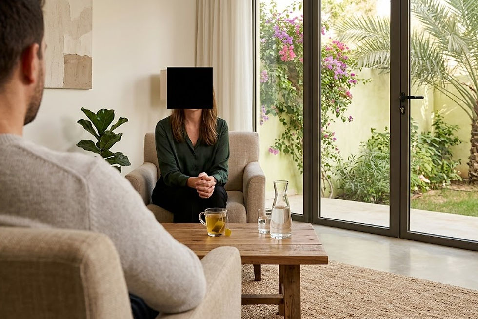 Inside a serene, sunlit therapy consultation room within a converted residential villa in