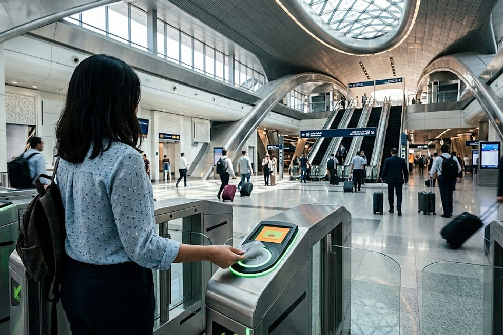 A passenger seen from behind tapping a silver transit smartcard onto a glowing turnstile fare gate inside a modern, air