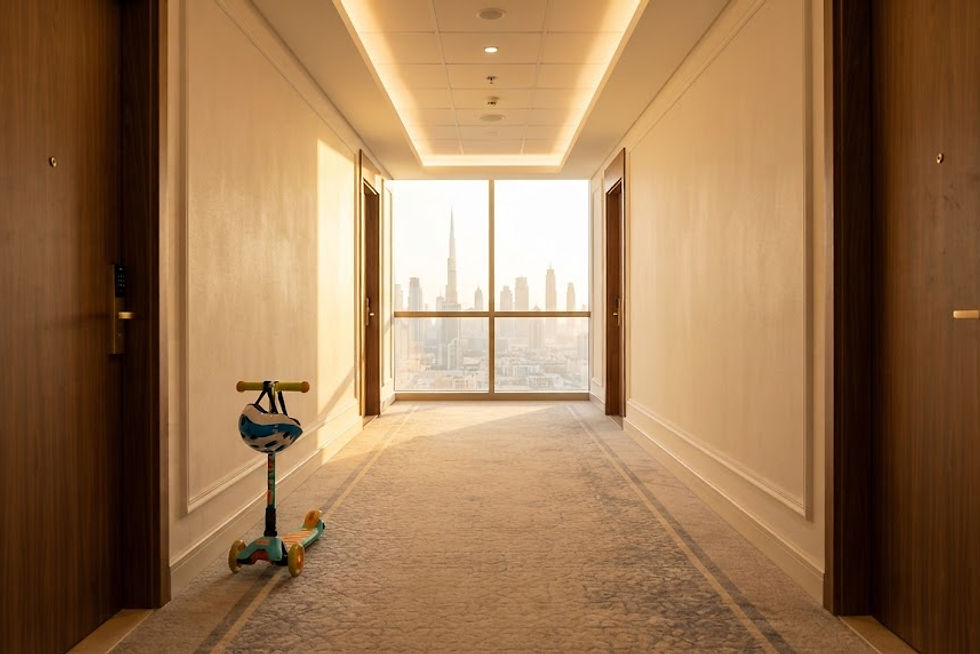 A quiet, upscale residential corridor in a modern Dubai high-rise apartment building. The