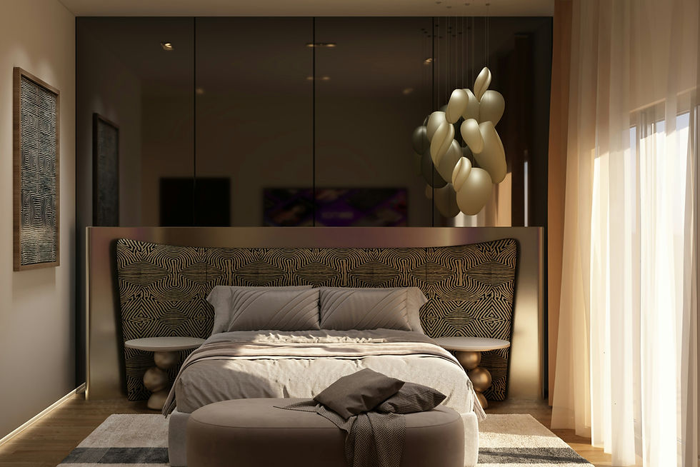 Modern Luxury Bedroom Interior A warm contemporary bedroom featuring custom furniture, artistic wall finishes, natural lighting, and luxury interior details. Created as a 3D architectural visualizatio