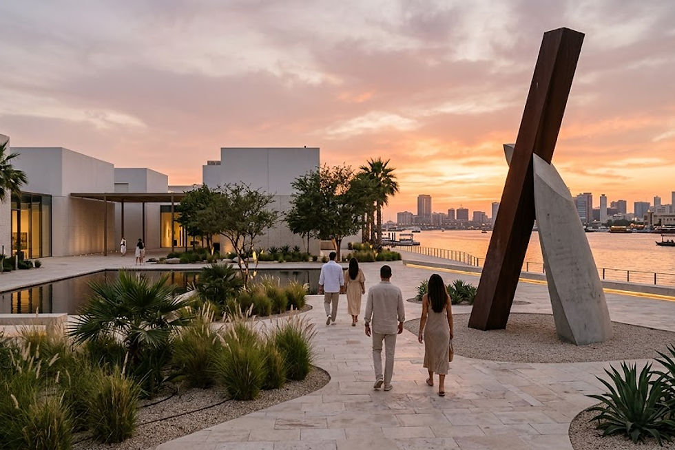 A tranquil sunset scene in an open-air modernist courtyard at a waterfront contemporary arts center along Dubai Creek, s