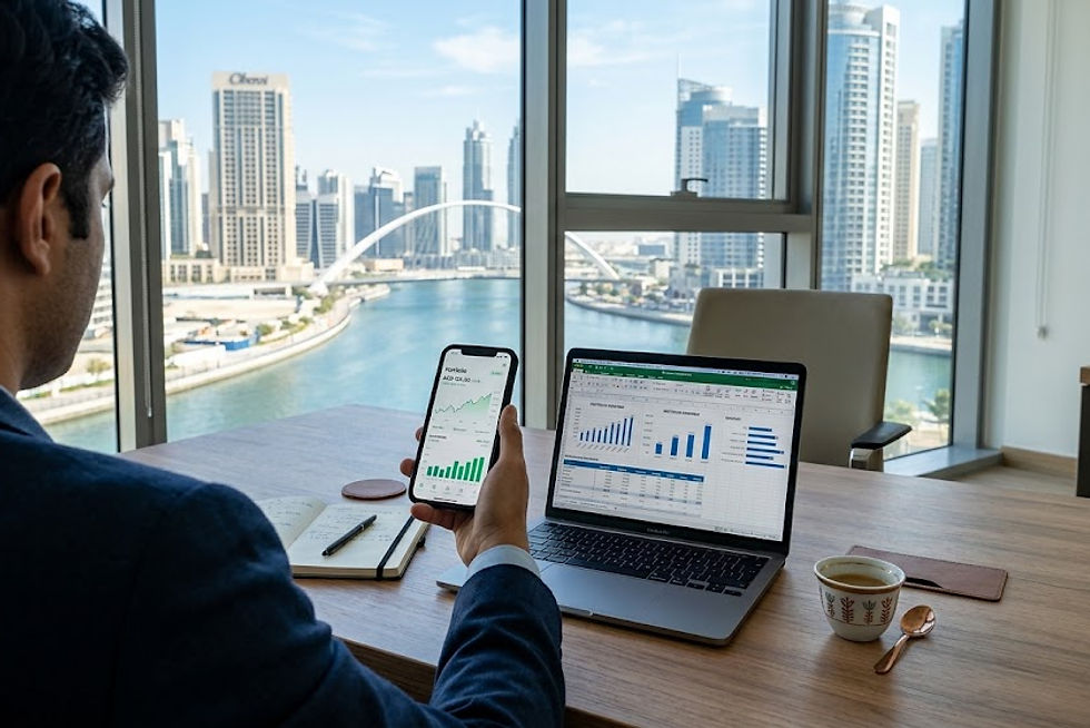 An investor working at a modern executive desk in an office in Business Bay, Dubai on a clea