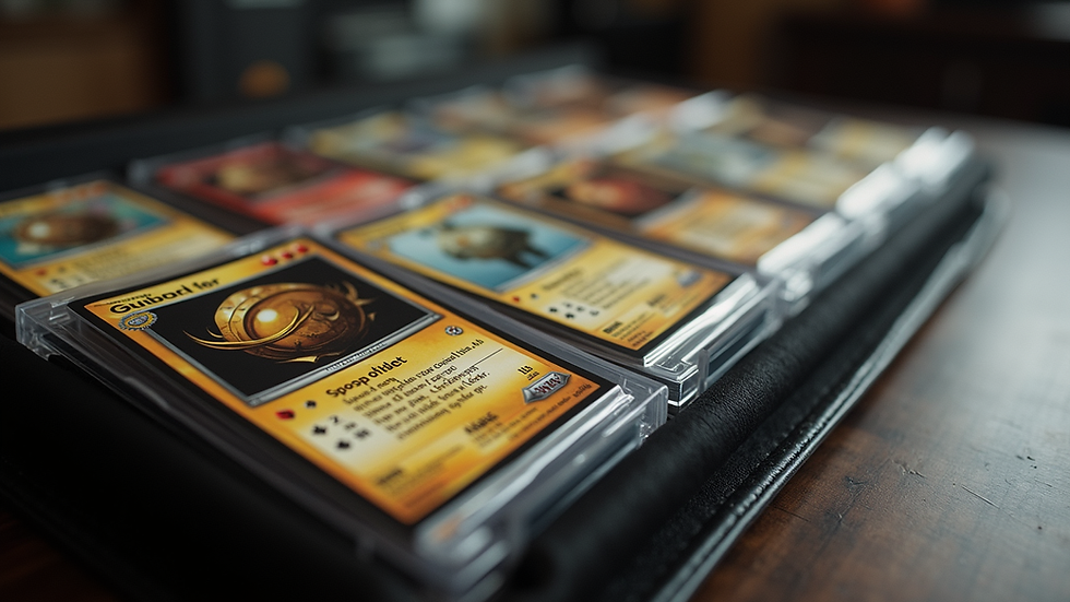 Eye-level view of a collection of trading cards displayed in a protective case