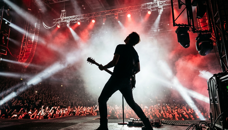 Low-angle view of a guitarist silhouette standing under bright arena lights.