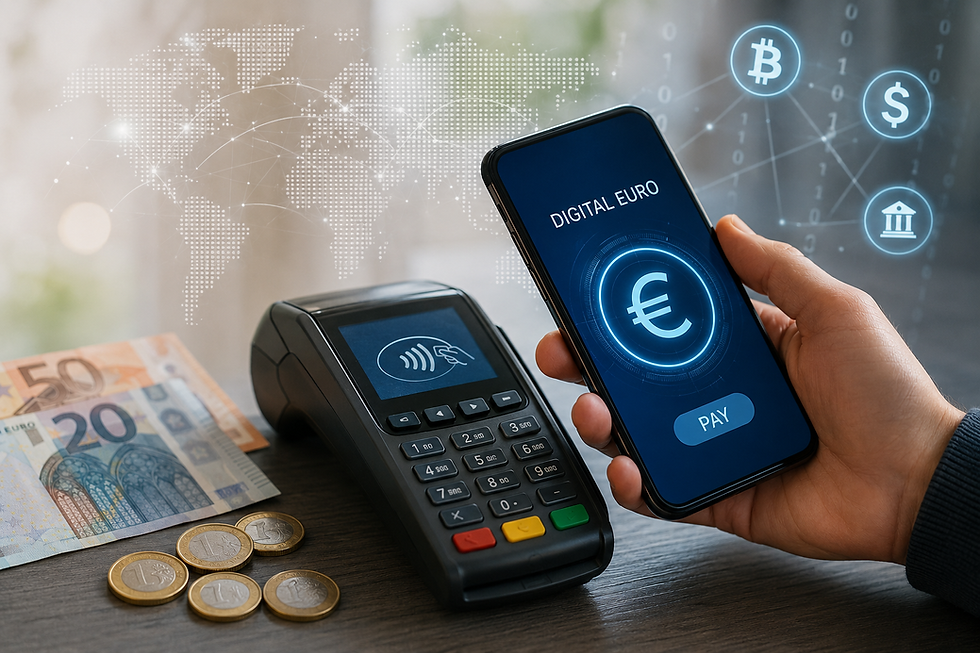The picture shows a hand with a mobile phone trying to pay and complete a transaction on a POS machine, with euro banknotes and coins on the side