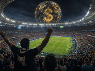 The picture shows a football fan standing on his feet with his arms outstretched and cheering in a crowded stadium