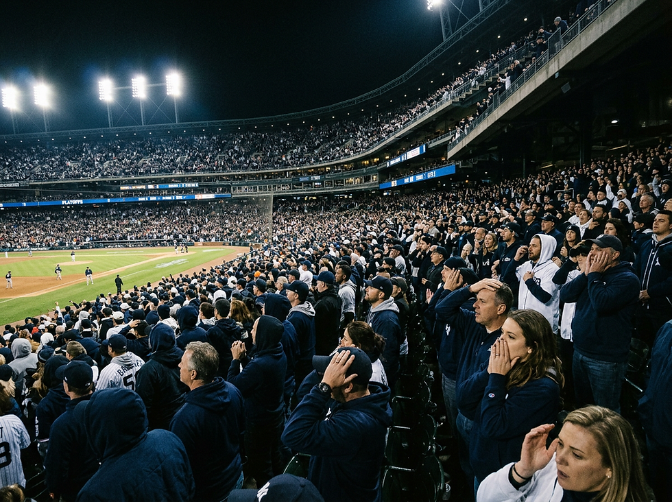 Yankees fans cheering in the stadium are in the picture