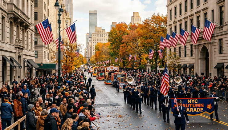 Wide-angle view of a city parade route with flags and autumn leaves.