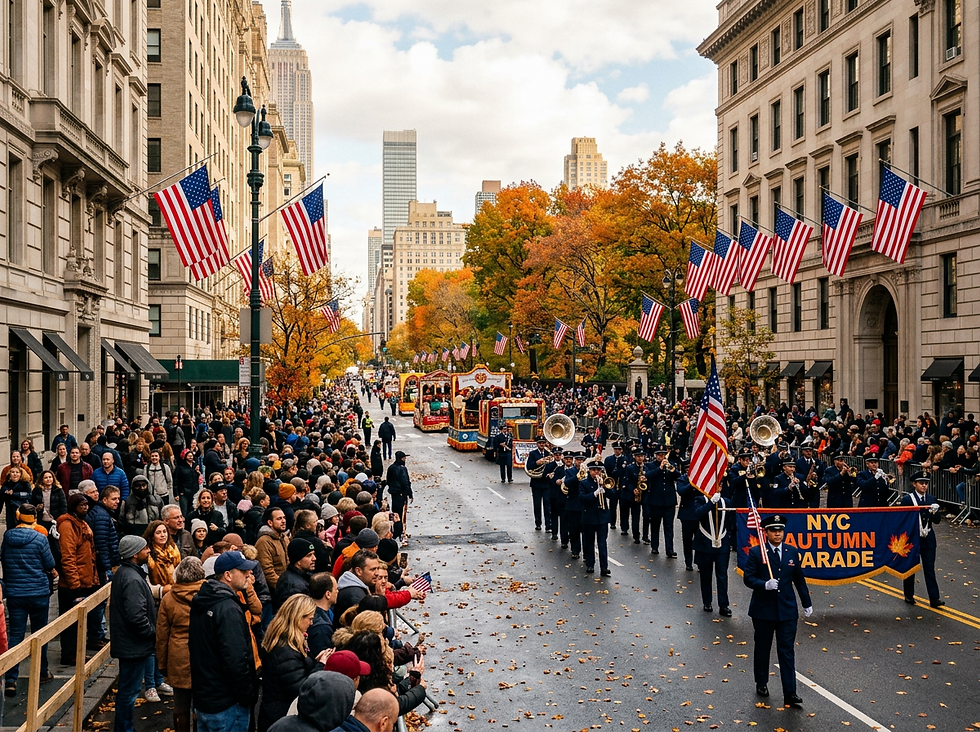 The picture shows a crowd of people with American flags celebrating the Columbus Day holiday
