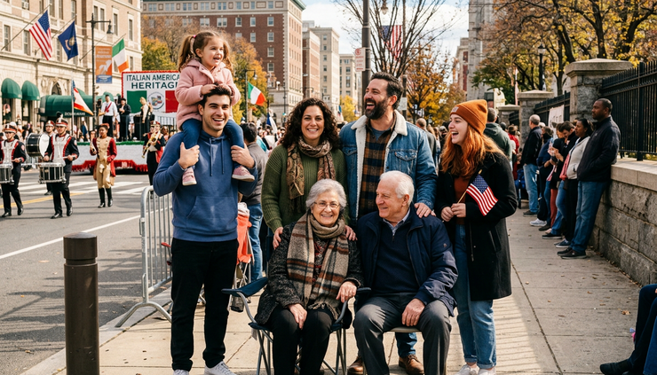 Eye-level view of a family watching an autumn street parade from a sidewalk.