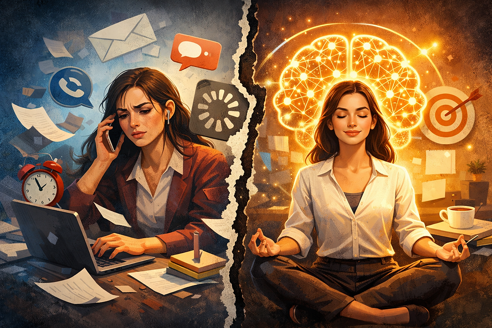 This image is divided into two parts. The first part shows a woman multitasking, and everything is chaotic, and the second part of the image shows the same woman focused on just one task and completing it harmoniously