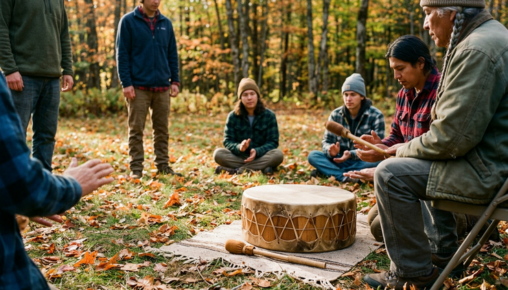 Low-angle view of a quiet Indigenous cultural gathering with traditional drum at center.