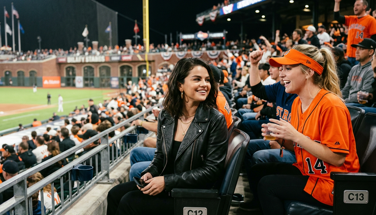 Medium shot of a pop star seated near a fan in a bright orange baseball jersey during a playoff game
