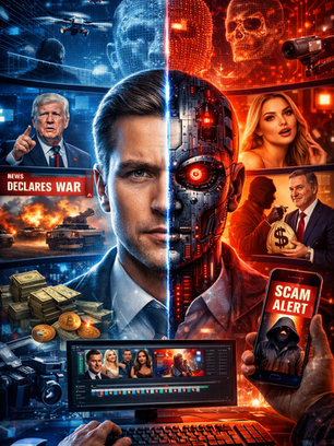 This image represents how fake news is created through deepfake videos in the digital age