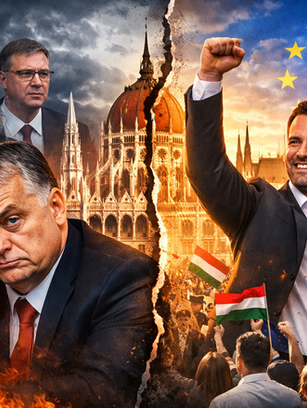 The picture shows Viktor Orban as the loser of the election, Péter Magyar as the winner, and in the background are Trump, Putin, and Vučić
