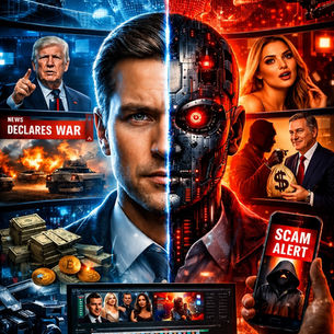 This image represents how fake news is created through deepfake videos in the digital age