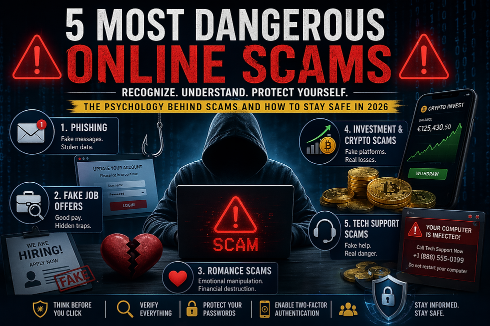 The image depicts an online scammer lurking behind a computer, with the types of scams he commits written around him.
