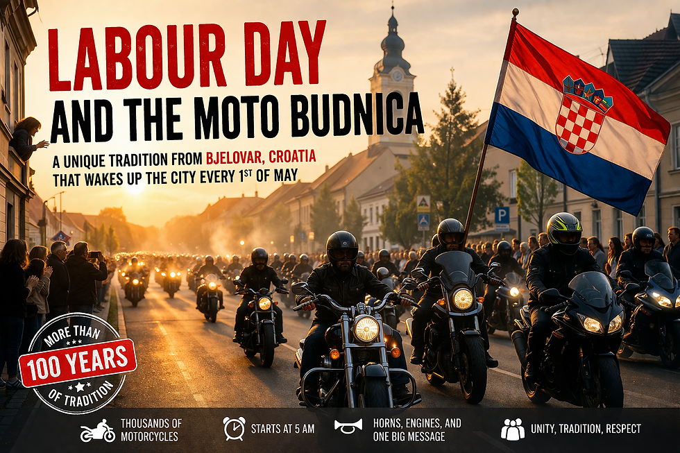The picture shows motorcyclists participating in the Moto Budnica in Bjelovar, Croatia, carrying a large Croatian flag