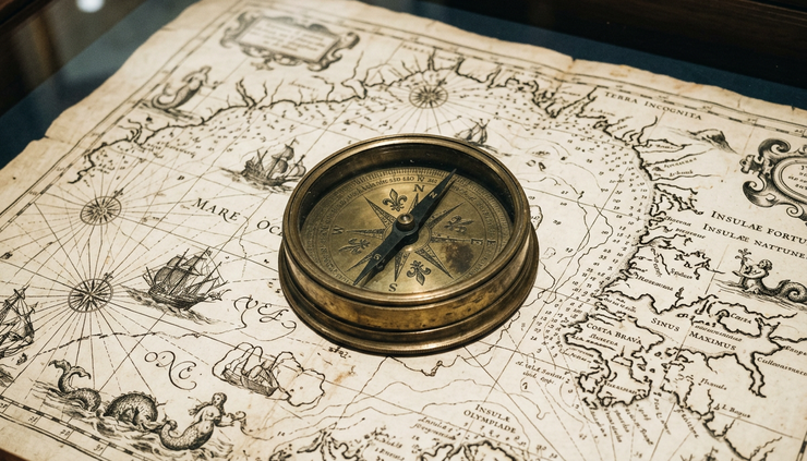 Close-up view of a museum display showing an old nautical map and compass.