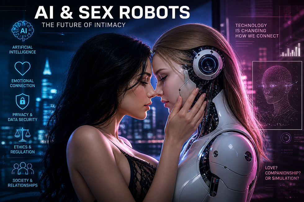 The picture shows a woman in lingerie kissing an AI sex robot