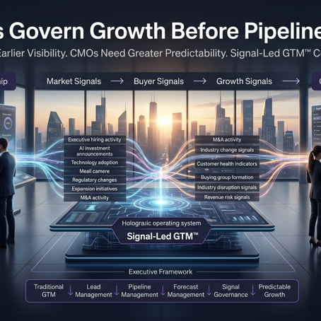 Executive boardroom graphic illustrating Signal-Led GTM™ connecting CFO strategic visibility and CMO commercial visibility through signal governance, enabling earlier identification of growth opportunities, buying signals, and revenue risks before they appear in pipeline.