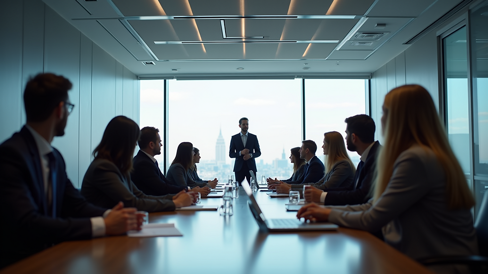 Eye-level view of a conference room with a sales leadership training session in progress