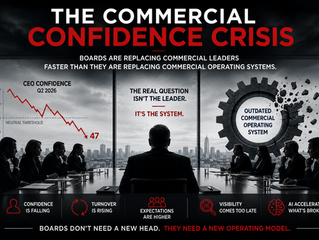 Hero graphic titled "The Commercial Confidence Crisis" showing a boardroom where directors face declining CEO confidence, rising leadership turnover, and an outdated commercial operating system. The image emphasizes that boards should evaluate the commercial operating model—not just replace commercial leaders—to improve revenue predictability and governance.