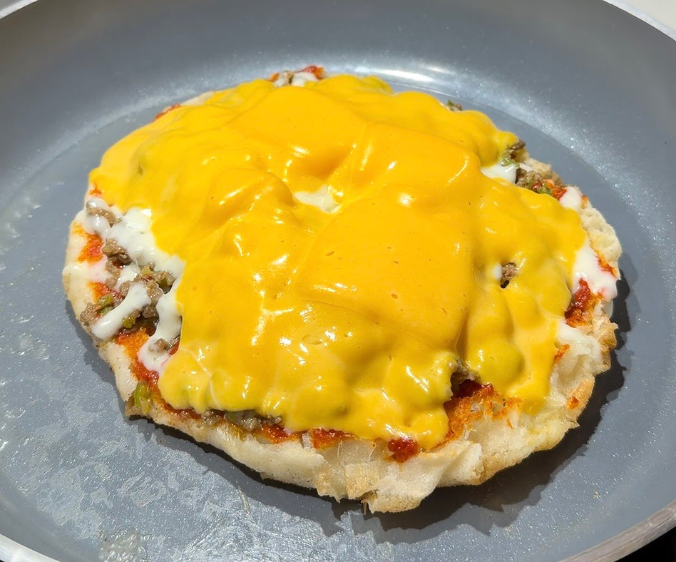 homemade flatbread burger with cheese and meat
