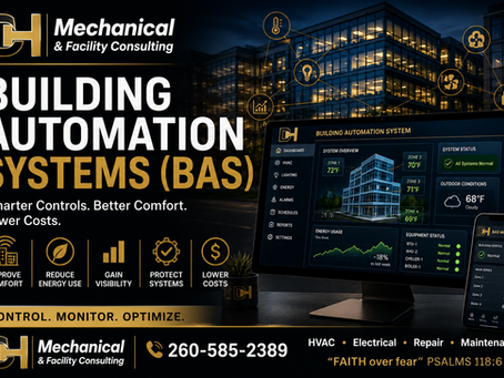 Building automation systems dashboard controlling commercial HVAC heating and cooling equipment in Auburn Indiana office building