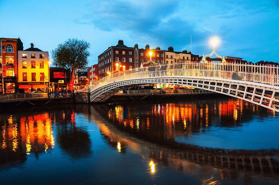 Dublin, Ireland. Night view of famous illuminated Ha Penny Bridge in Dublin, Ireland.jpg